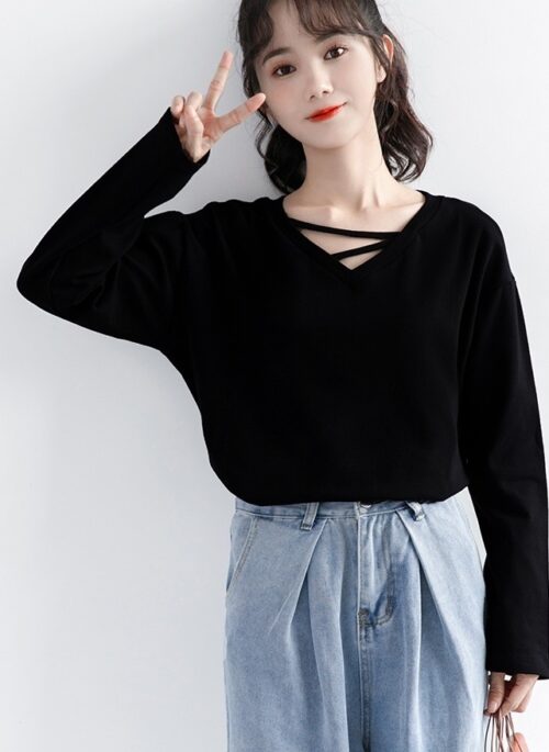 Asymmetrical Black Vneck Long Sleeve Tee