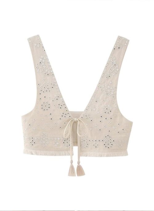 Beige Floral Embroidered Cropped Vest | Eunchae - Le Sserafim