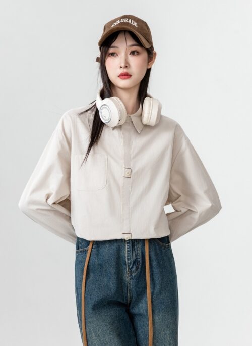 Beige Long Sleeve Casual Shirt Jacket