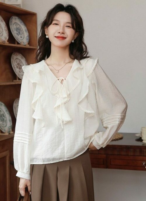 Beige Soft Ruffles Blouse | Hong Hee Joo - When The Phone Rings