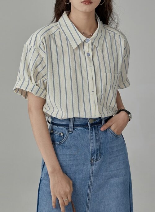 Beige Stripes Short Sleeves Shirt | Chae Yong Ju - Brewing Love