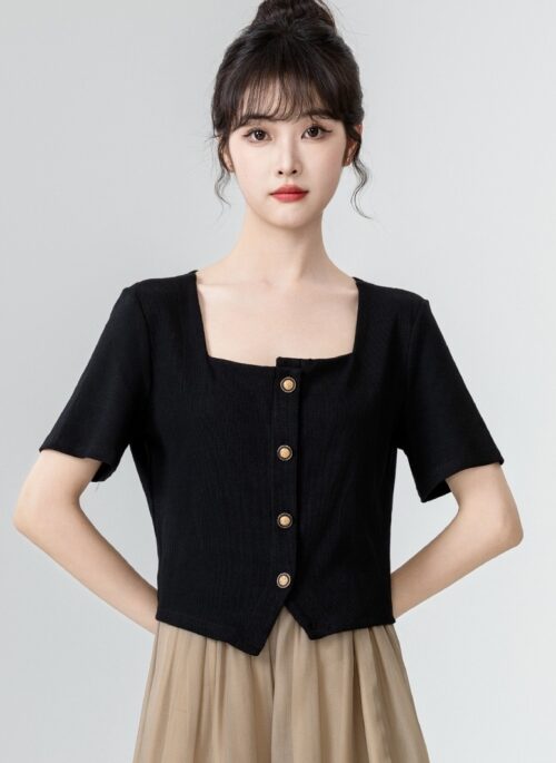 Black Asymmetric Short Sleeve Top