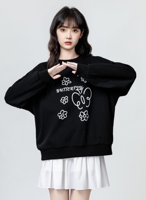 Black Floral Print Crewneck Sweatshirt