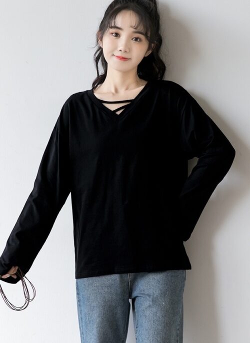 Black Hollow Out Vneck Long Sleeve Tee