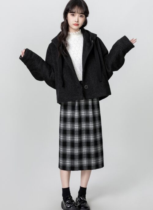 Black Hooded Wool Coat Short Style