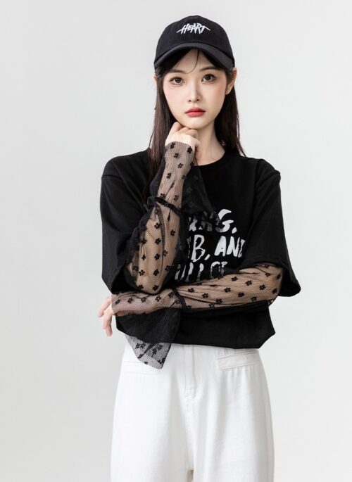 Black Lace Mesh Patchwork T-Shirt