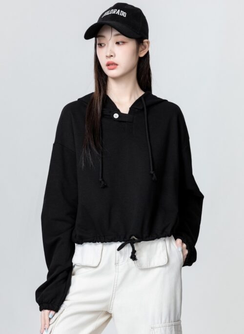 Black Loose Drawstring Hoodie Top