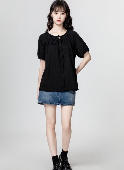 Black Puff Sleeve Ruffled Blouse