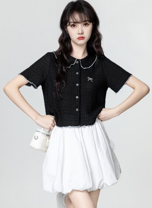 Black Shortsleeve Bow Embroidered Shirt