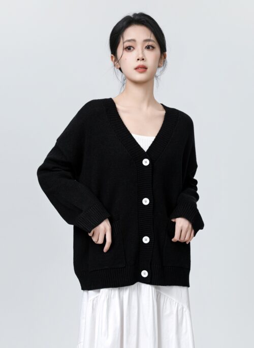 Black Vneck Knit Cardigan Sweater