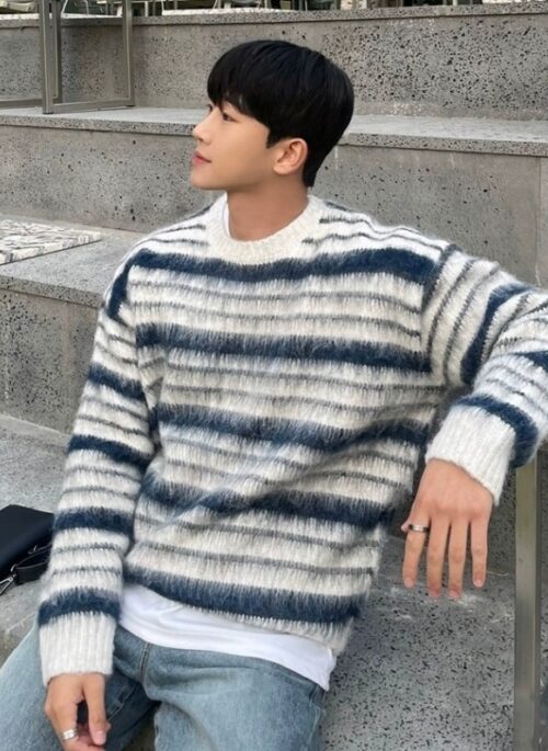 Blue Stripes Fuzzy Knit Sweater | Soobin - TXT