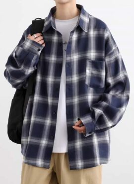 Blue Wide Plaid Long Sleeves Shirt | Jisung – Stray Kids