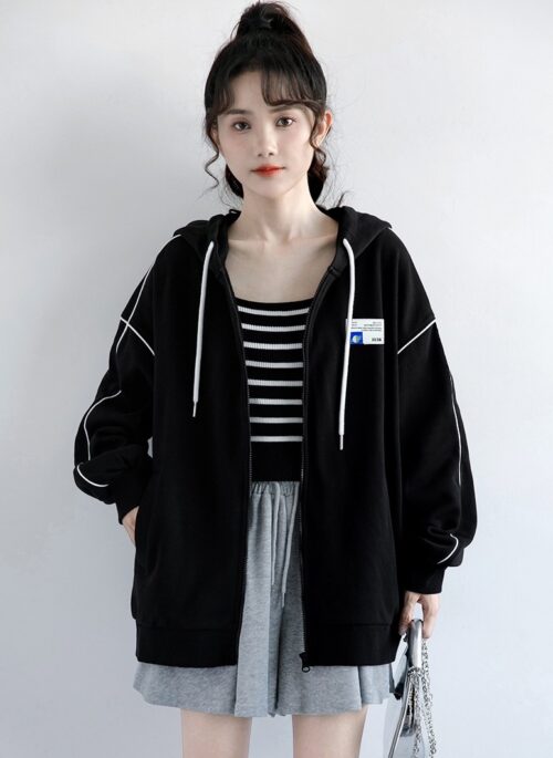 Casual Black Zip Hoodie Jacket