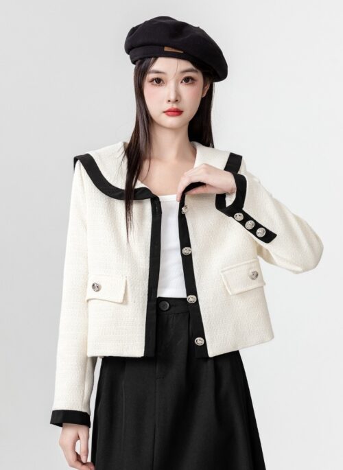 Chic Navy Collar Tweed Jacket