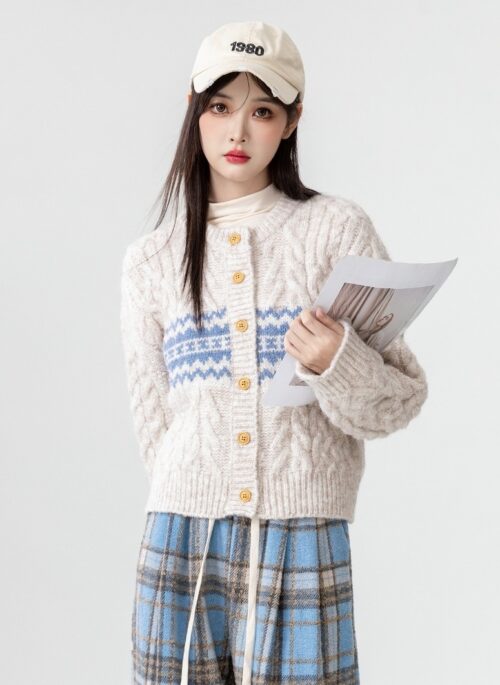 Colorblock Cable Knit Cardigan Sweater