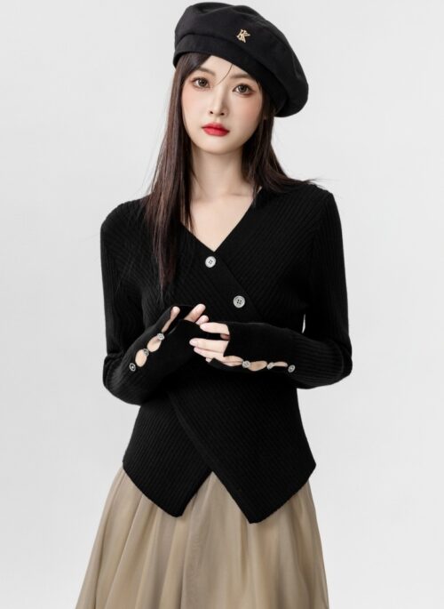 Cross Vneck Black Knit Top