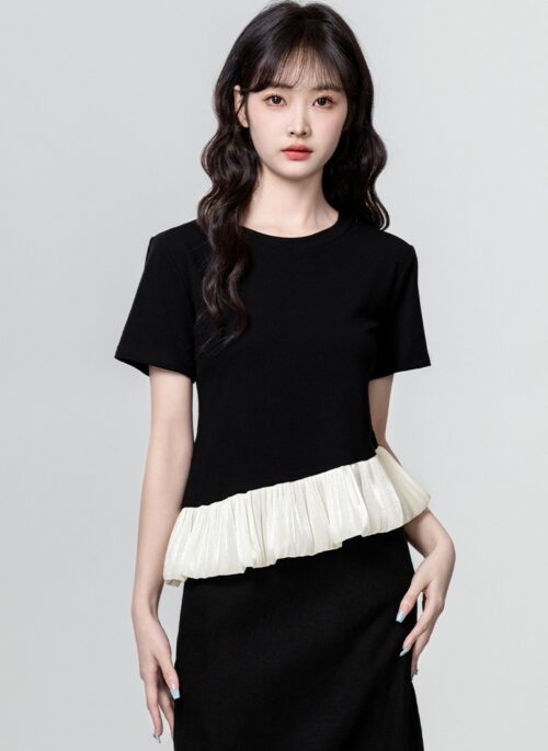 French Black Ruffle Sleeve T-Shirt