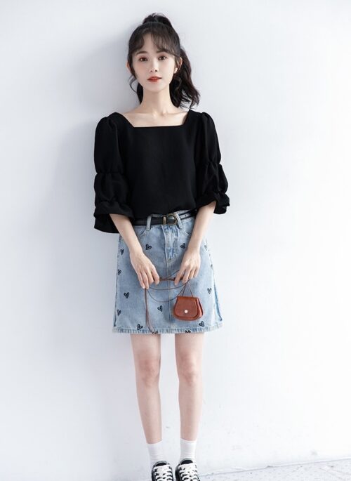 French Style Puff Sleeve Black Top