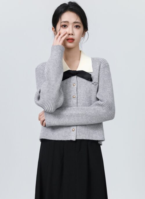 Gray Bow Knitted Cardigan Sweater