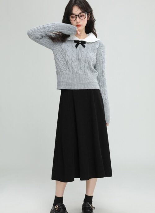 Gray Cable Knit Sweater With Bow Collar