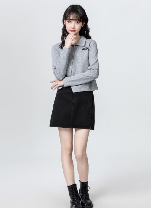 Gray Irregular Long Sleeve Polo Shirt