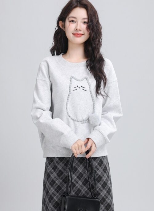 Gray Loose Cartoon Cat Sweatshirt