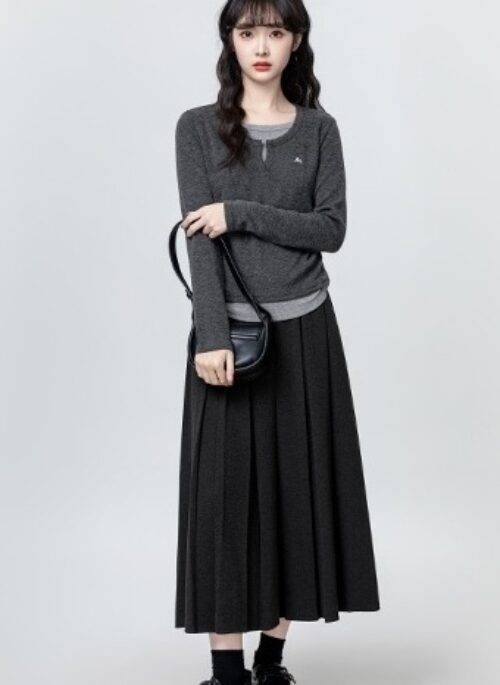 Gray Pleated Wool Midi Skirt