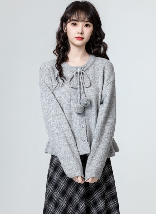 Gray Ruffled Knit Cardigan Sweater