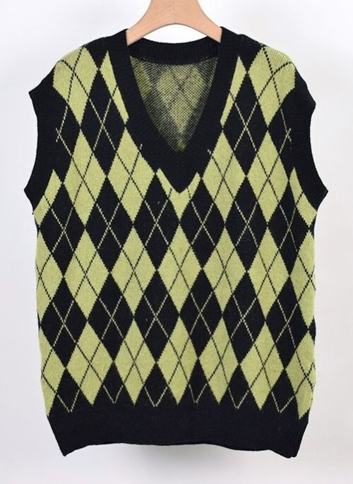 Green Argyle Pattern V-Neck Vest | Gaeul - IVE