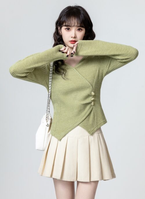 Green Irregular Vneck Long Sleeve Top