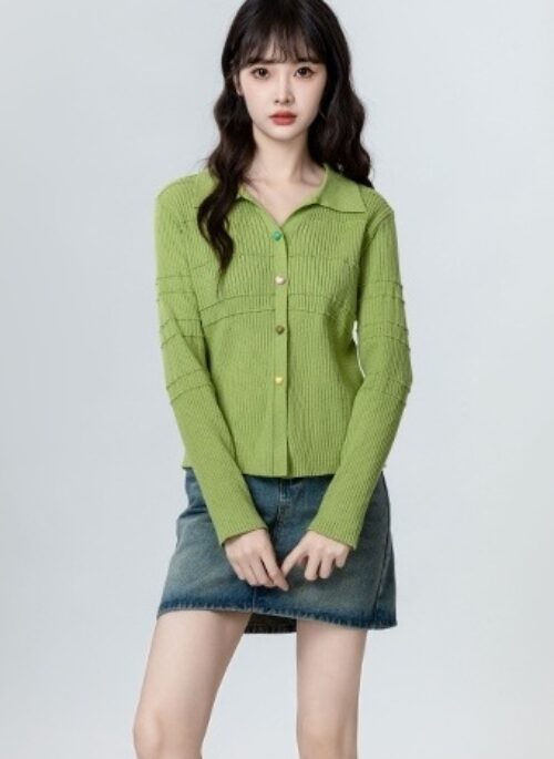 Green Knitted Polo Collar Cardigan