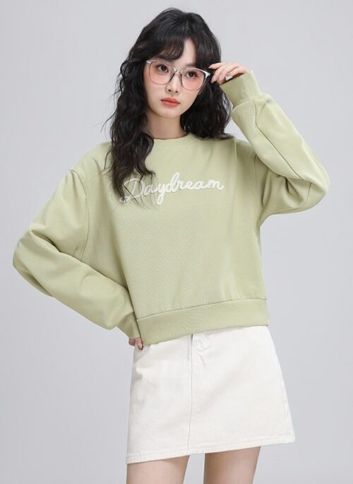 Green Letter Crewneck Pullover Sweatshirt