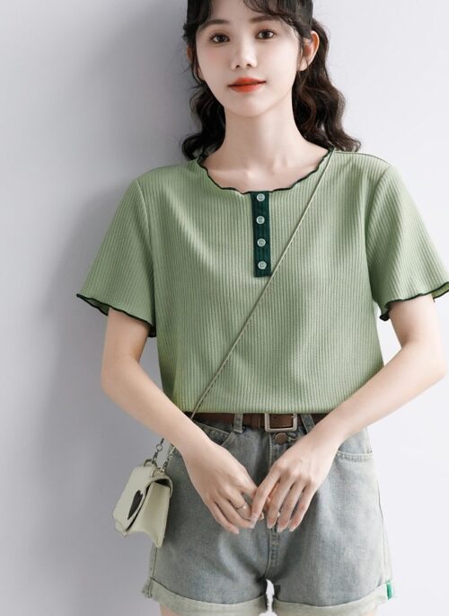 Green Ruffled Design Short Sleeve Top