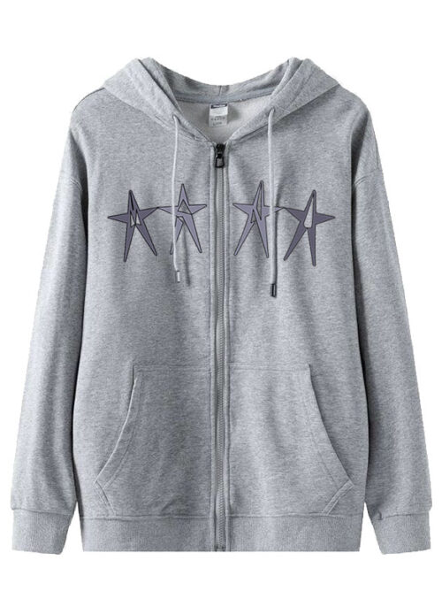 Grey Four Star Print Hooded Jacket | Sakura - Le Sserafim