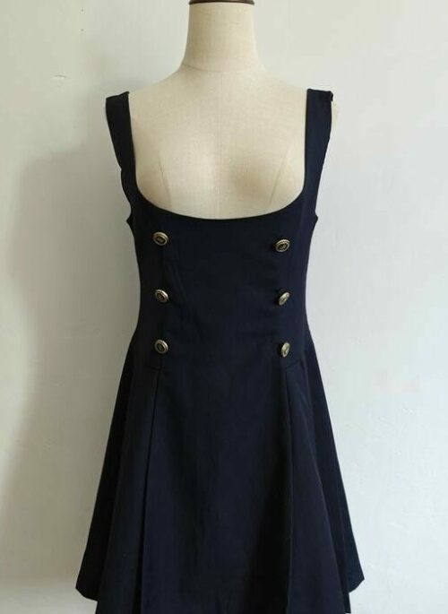 Navy Blue Double-Breasted Pleated Dress | Solar - Mamamoo