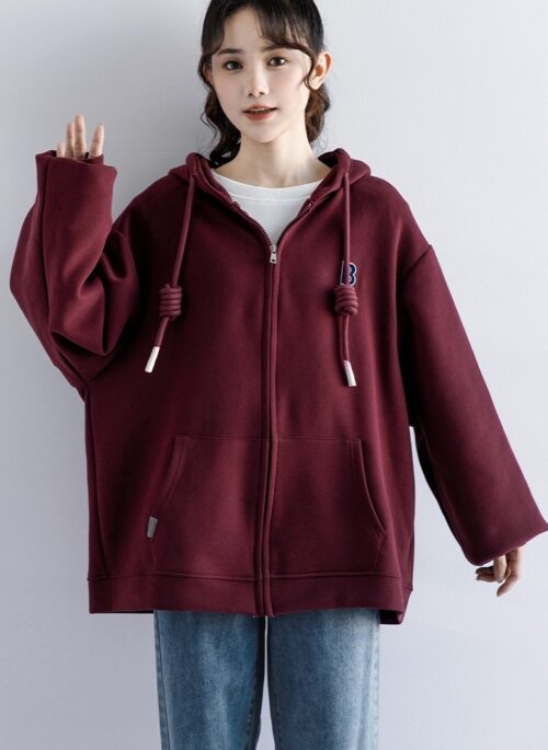 New Casual Burgundy Hooded Jacket