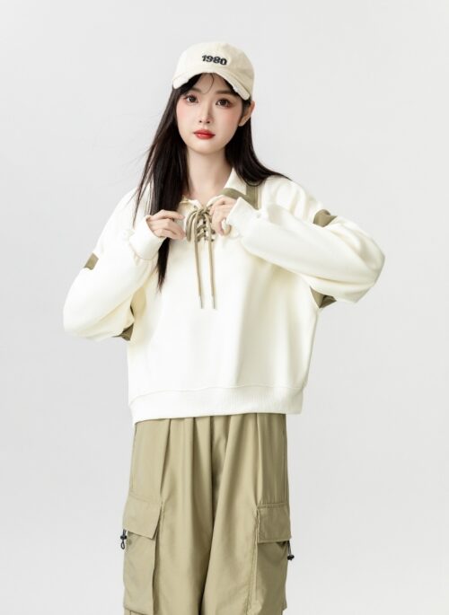 New Spring Beige Tie Polo Sweatshirt