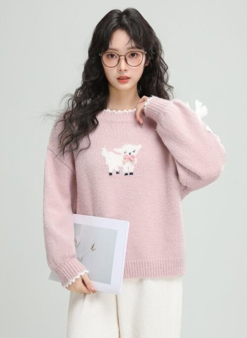 Pink Cartoon Bow Knit Sweater