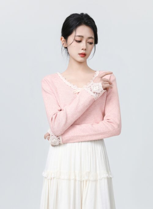 Pink Lace Vneck Knit Sweater