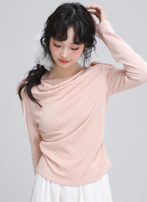 Pink Tie Long Sleeve Draped Top