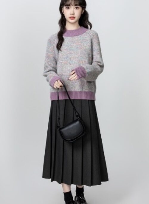 Purple Colorblock Knit Turtleneck Sweater