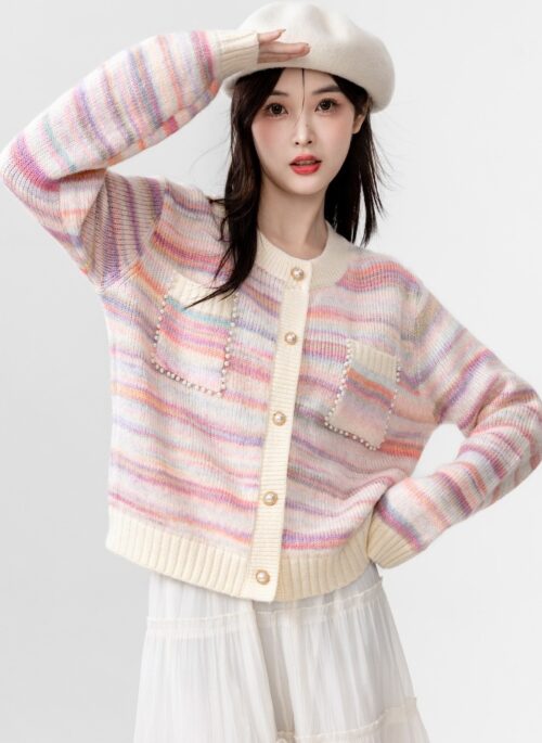 Rainbow Striped Knit Cardigan Sweater