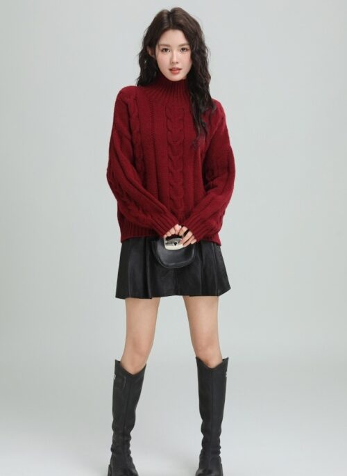 Red Cable Knit Turtleneck Sweater