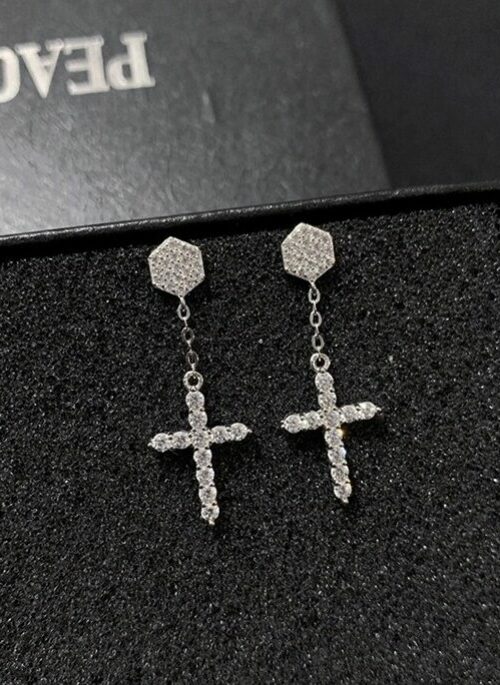 Silver Crystal Cross Earrings | Bambam - GOT7