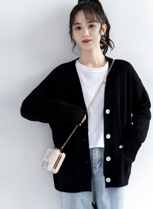 Spring Black Knit Cardigan Sweater