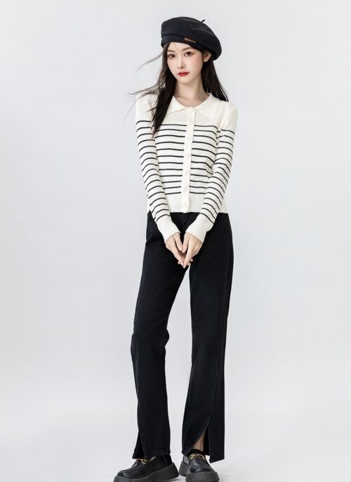 Striped Knit Cardigan Polo Collar