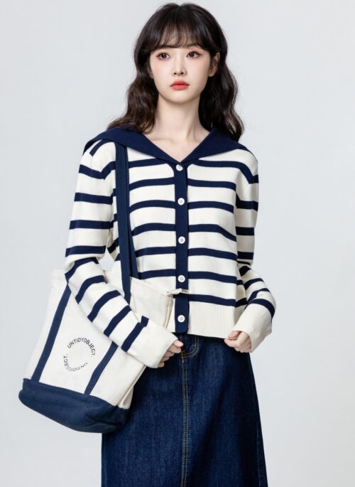 Striped Knit Cardigan With Navy Collar