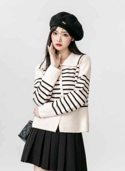 Striped Knit Polo Cardigan Sweater