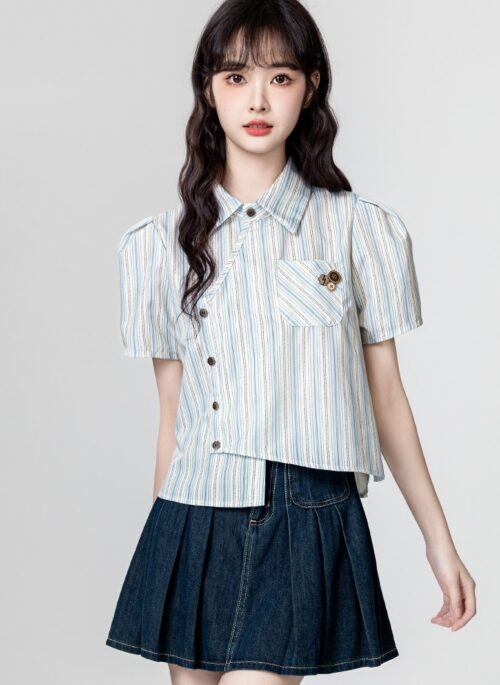 Striped Short Sleeve Irregular Polo Shirt