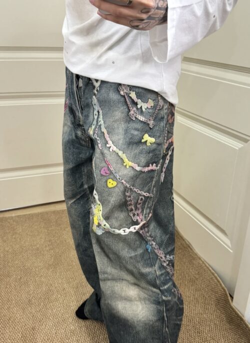 Vintage Blue Cute Chain Printed Jeans | Mark - GOT7